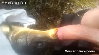 Angeln Mann einen Fisch gefangen und steckte Ihr den Schwanz in den Mund